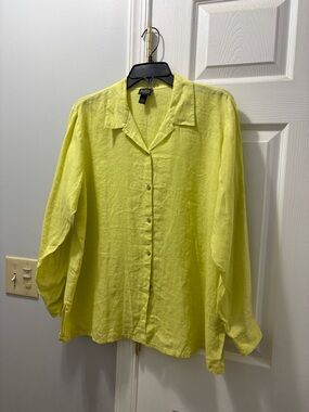 Eileen Fisher Chartreuse Irish Linen Button Down Size Large Petite NWOT
